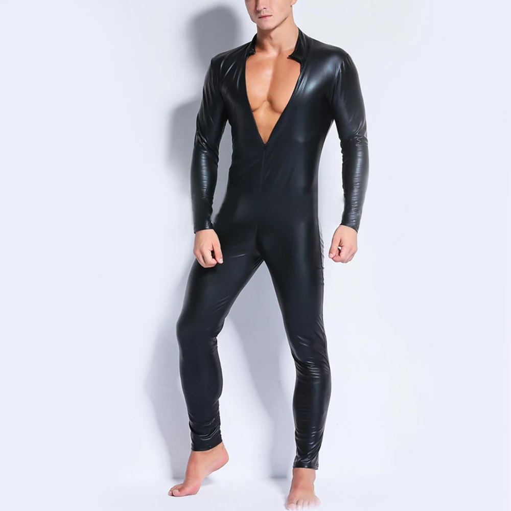 

Men PVC Leather Bodysuits Long Sleeve Black Tight Zip Wetlook Body Suit Jumpsuits Rompers Leotard Clubwear Stage Clothing Male