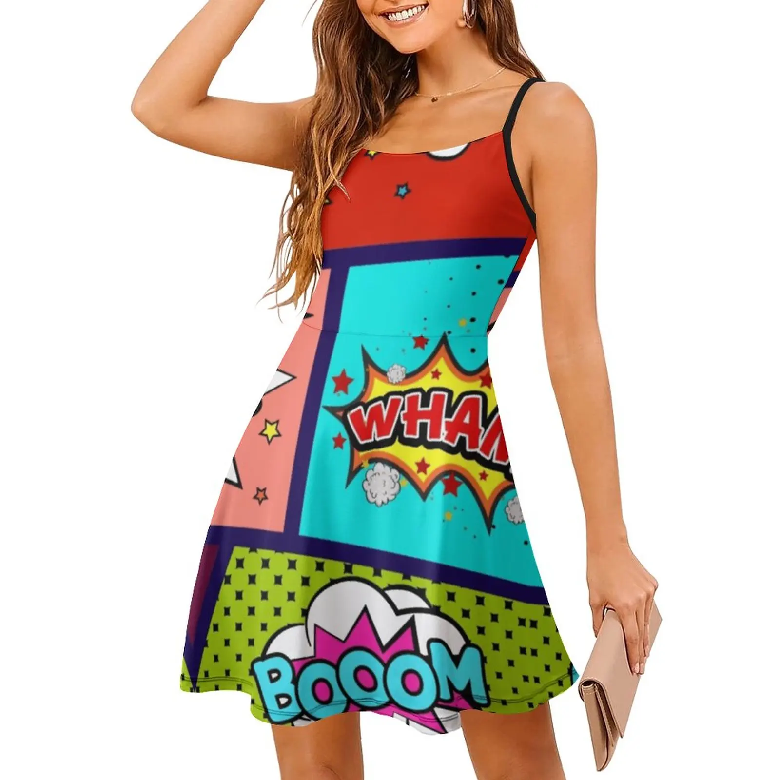 

Panels Crazy Colorful And Bright Comic Book Panels Arts-1 Novelty Sexy Woman's Gown Women's Sling Dress Funny Novelty Vacation