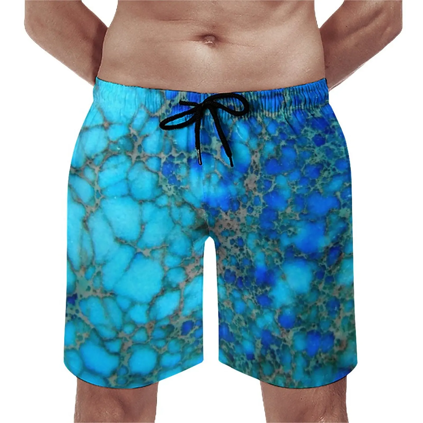 

Blue Marble Texture Board Shorts Summer Turquoise Stone Print Fashion Board Short Pants Men Running Surf Quick Dry Beach Trunks