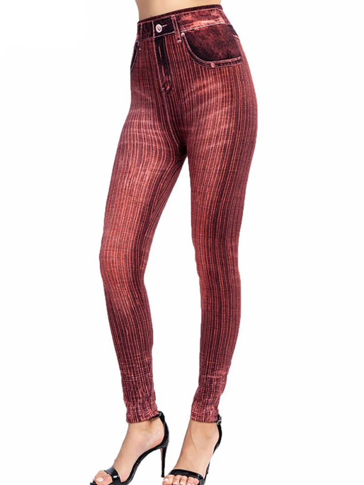 

CUHAKCI Stripe High Waist Push Up Leggings Sports Seamless Workout Pants Women Elastic Yoga Fitness Leggins Faux Denim Jeans