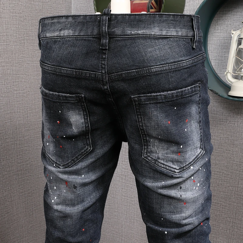 Italian Style Vintage Fashion Men Jeans Retro Black Blue Stretch Slim Fit Ripped Jeans Men Painted Designer Brand Pants Hombre