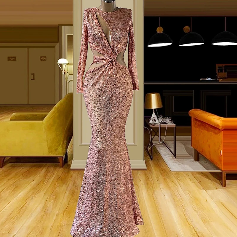 

Женское вечернее платье-русалка, сексуальное платье с глубоким V-образным вырезом и длинными рукавами, расшитое бисером, с блестками, для вы...