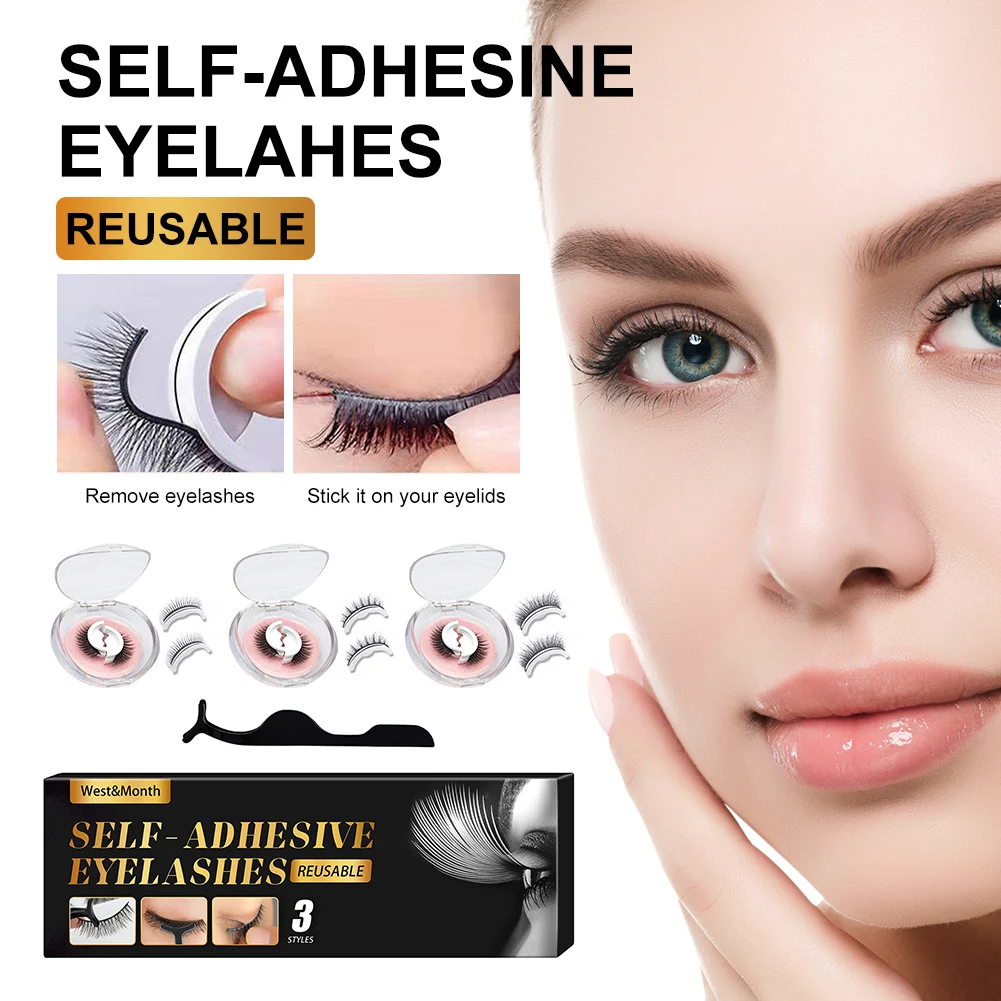 

3 Pairs Reusable Self Adhesive False Eyelashes With Tweezer Natural Fluffy Volume 3D False Eye Lashes No Glue Needed Eye Makeup