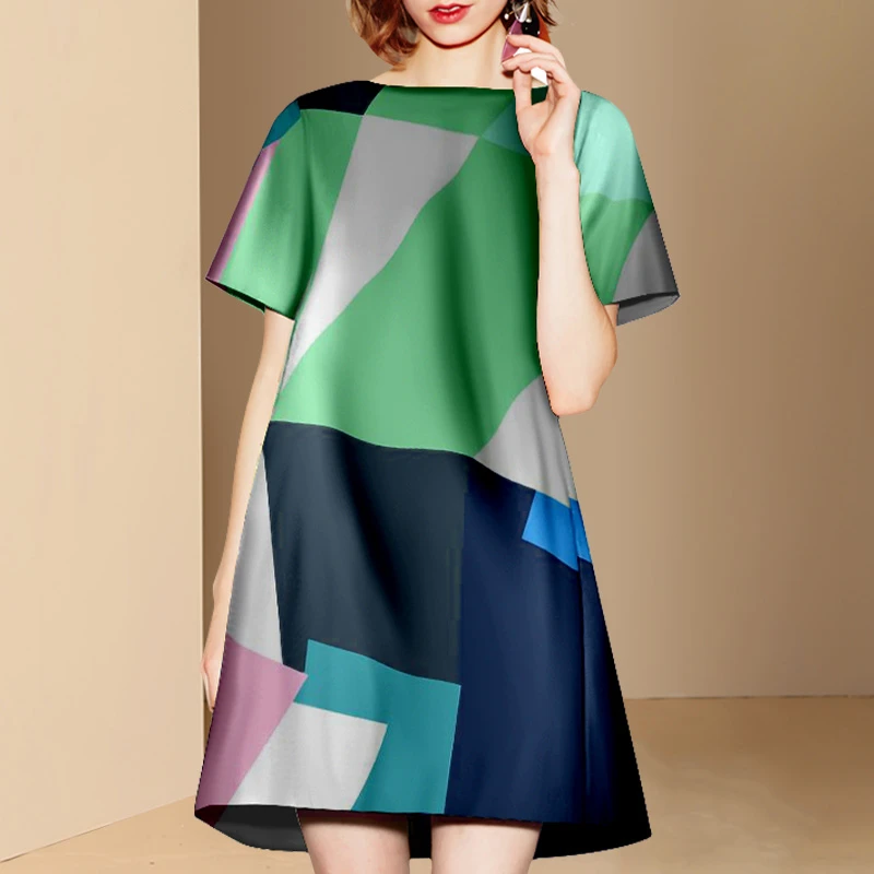 

Summer Party Women's Dresses Short Sleeve Printing Large Size High Street Loose High Waist Female A-LINE Clothing O-Neck