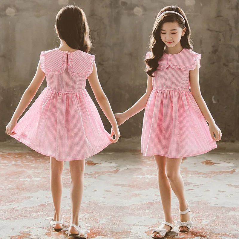 

Summer Girl Dress Teen Girls Plaid Dress Fashion Sleeveless Pink Dress Adolescent 8 10 12 Years Girls Teenages Girls Dresses