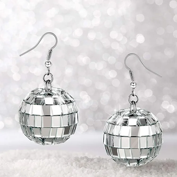 

Arrival 70s Silver Color Shiny Disco Ball Dangle Earrings for Women Cool Fashion Jewelry Retro Round Drop Earrings Female