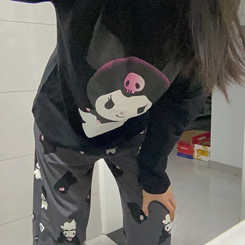 Sanrio Kuromi Pajamas Y2k New Korean Autumn Kawaii Two Piece Sleepwear Women Soft Home Wear Girl Christmas Birthday Gift Clothes