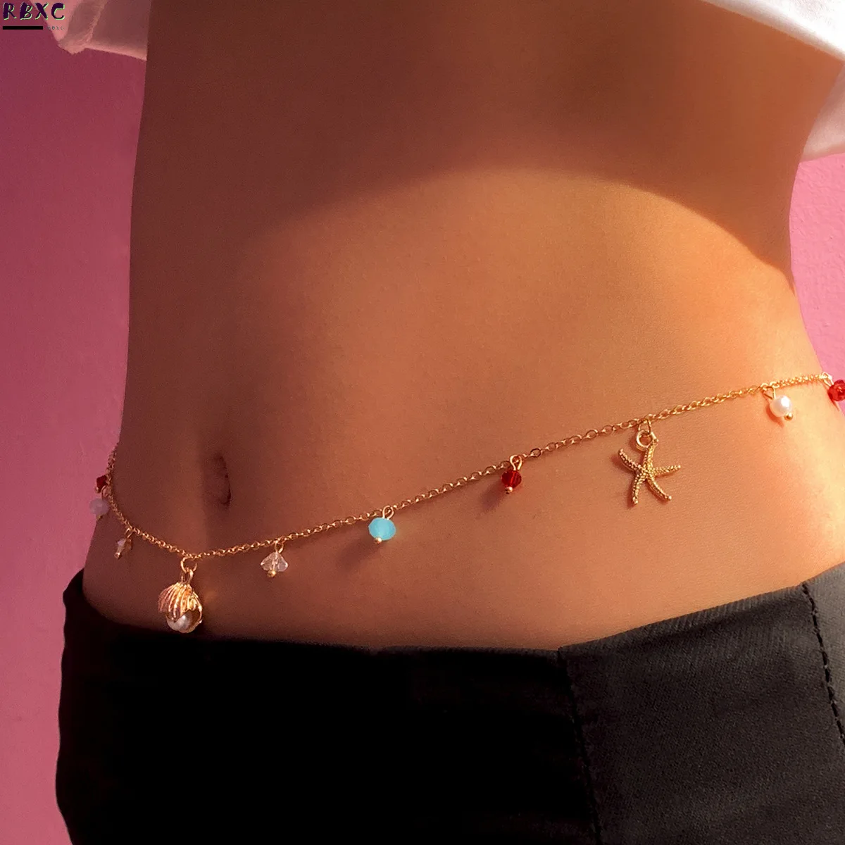 

RBxc New summer acrylic waist jewelry pearl pendant waist chain metal starfish alloy body chain