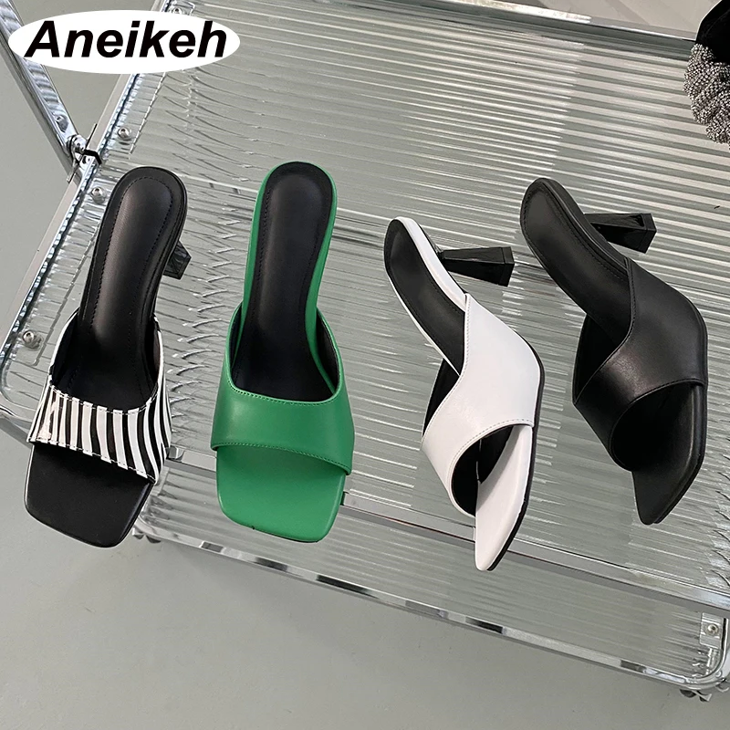 

Aneikeh 2022 New Fashion PU Peep Toe Beach Mules Slippers Spike Heels British Style Sewing Party Shoes For Women Summer Concise