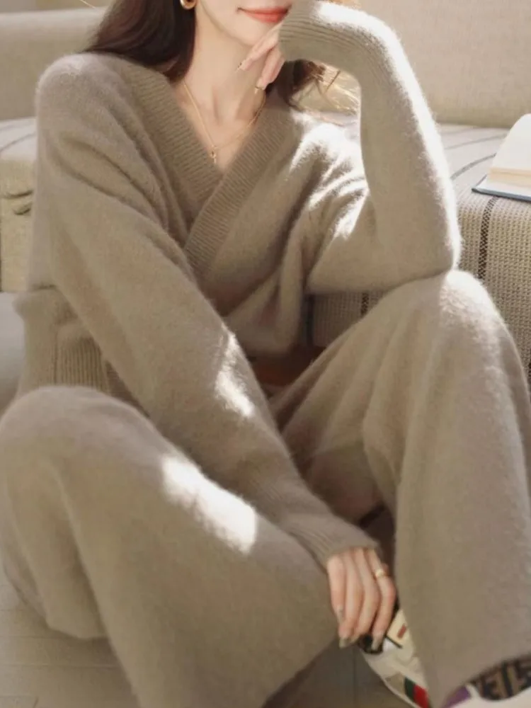 Однотонный вязаный свитер костюмы из 2 предметов для женщин модные блузки топы и