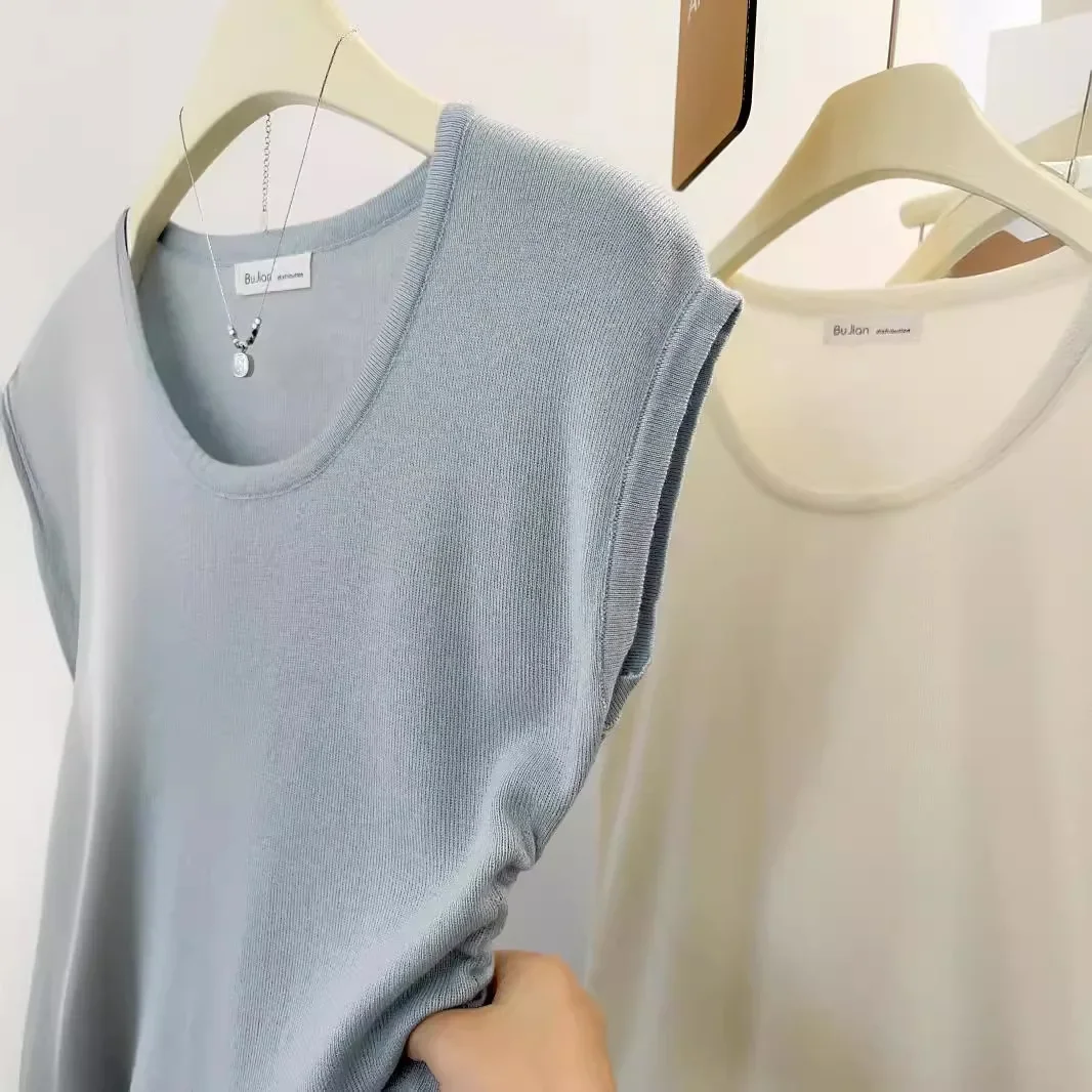 Нежный стиль вязаный топ с круглым вырезом летняя утягивающая женская футболка