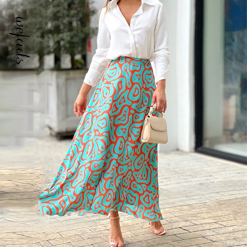 

Wefads, Женский комплект из двух предметов, Повседневная Однотонная рубашка с отворотом, топ, длинная юбка с художественным принтом, комплект п...