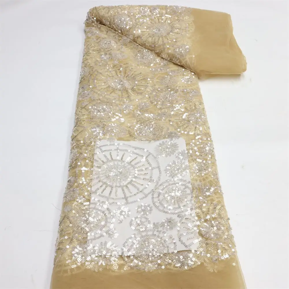 

Yellow Sequience Lace Fabric Latest African 2022 High Quality 5yards French Dress Nigerian Beaded Lace Fabric for Wedding LY1487