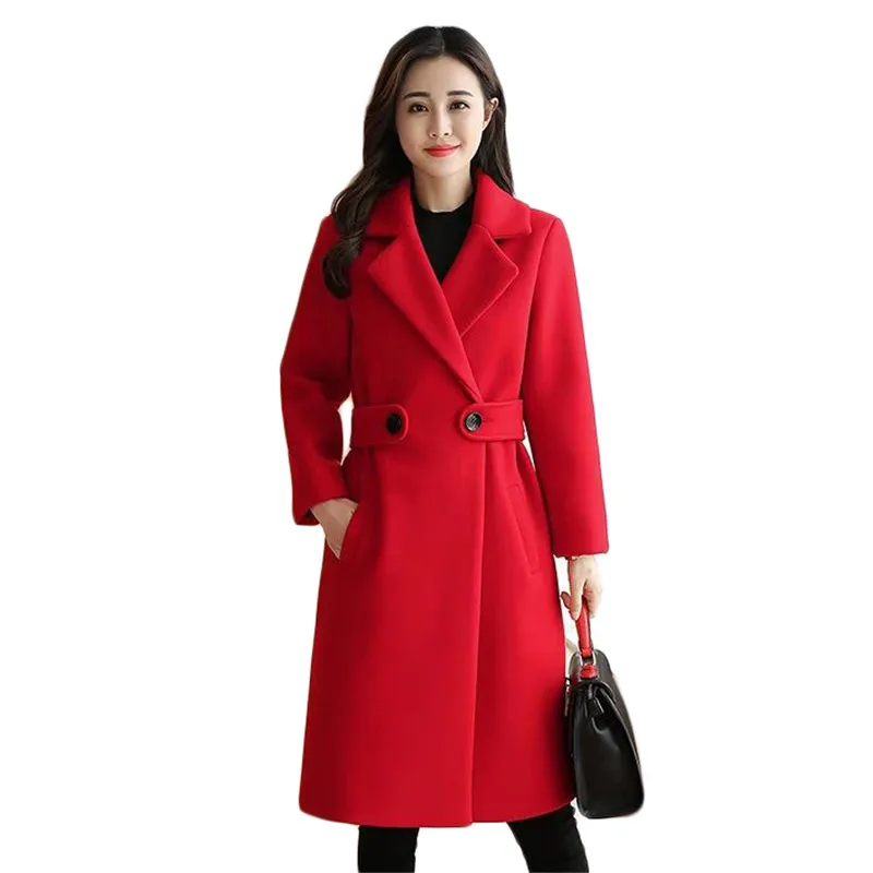 

Woolen Coat Women Fashion Temperament Long Red Blends Jackets 2021 Winter Xmas New Caramel Slim Plus Size Thick Halloween Coats