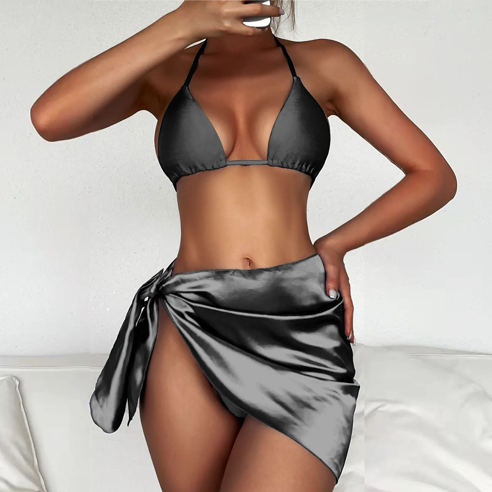 

Sexy Swimwear Womens Solid Glossy Bandage Swimsuit 3 Piece Temperament Bathing Suit Retro Bikini Set Beachwear feminine Biquini