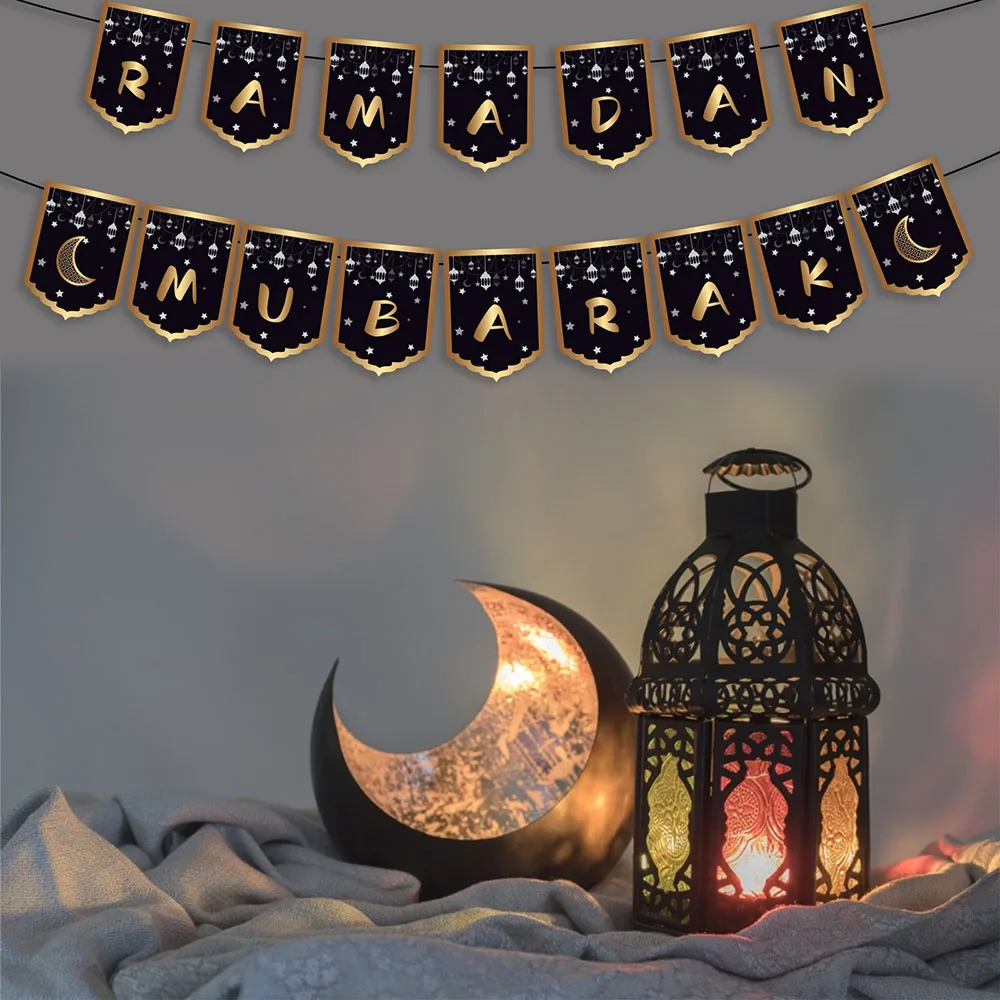 

Black Eid Mubarak Festival Party Wall Hanging Letter RAMADAN MUBARAK Banner Buntings Arab Muslim Mubarak Ramadan Party Supplies