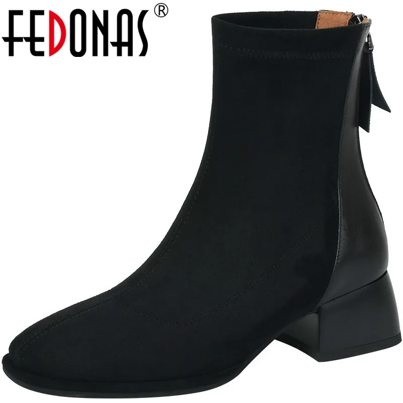 

FEDONAS Mature Concise Women Ankle Boots Autumn Winter Office Ladies Genuine Leather Splicing Thick Heels Classic Shoes Woman