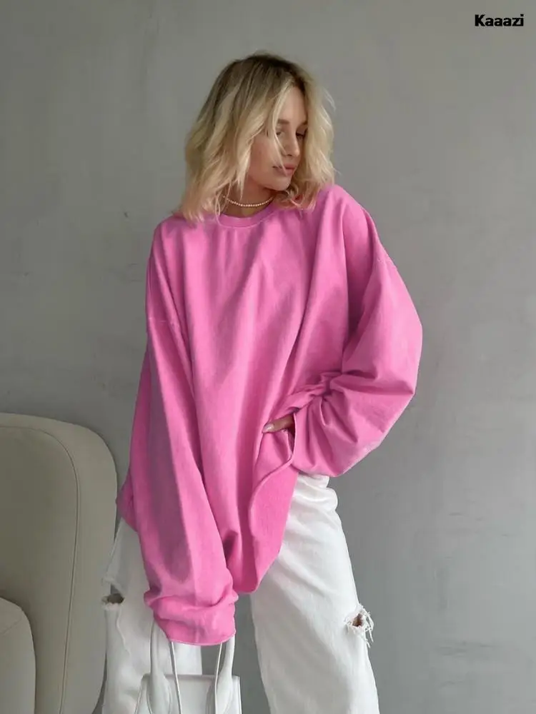 

KAAAZI Pink O-neck T Shirt Long Sleeve Streetwear Clothes Loose Casual Women Tee Fashion Autumn New Female Pullover 2023 New