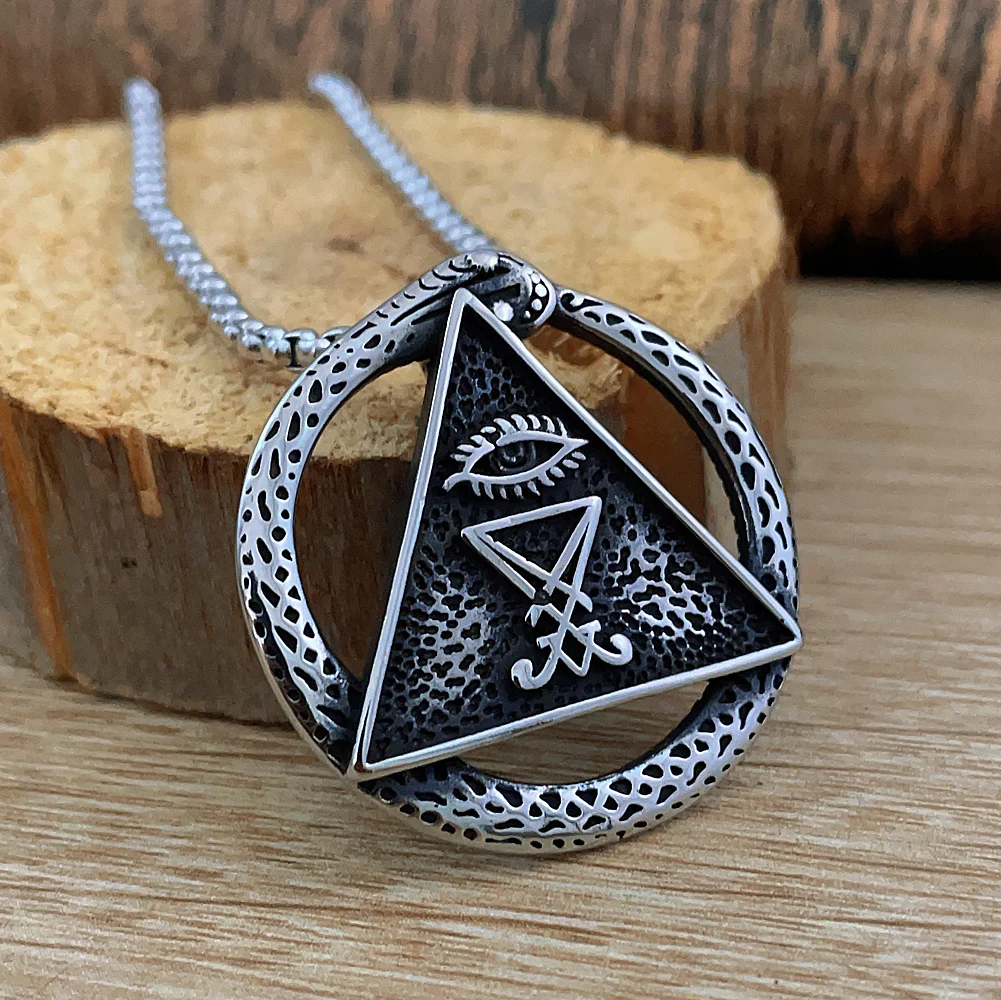 

Gothic Satan Devil Eyes Lucifer Cross Pendant Necklace Men Viking Ouroboros Necklace Stainless Steel Punk Jewelry Free Shipping
