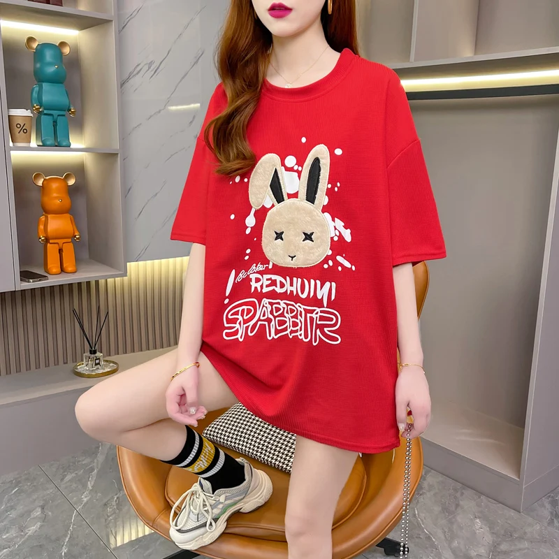 

2023 Summer Korean Version Waffle Short Sleeve T-shirt Women's Personality Niche Design Sense Large Size Embroidered Cartoon Top