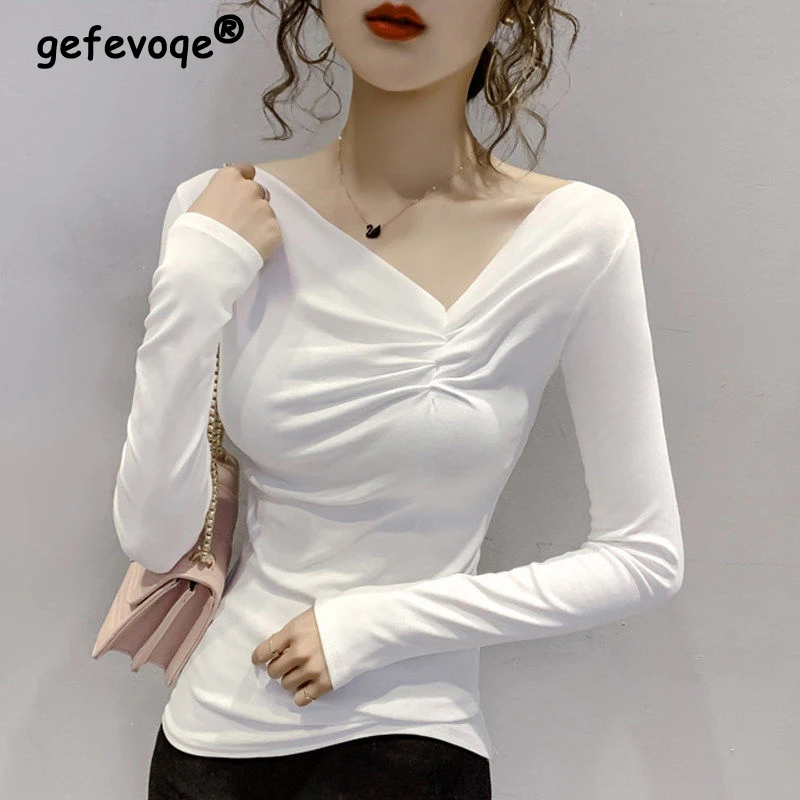 

Korean Style Sexy V Neck Ruffled Long Sleeve Solid Basic T Shirt Women Spring Autumn Casual Long Sleeve Slim Top Female Clothing
