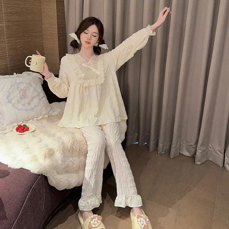 Пижама с длинным рукавом для женщин повседневная Милая Кружевная Домашняя