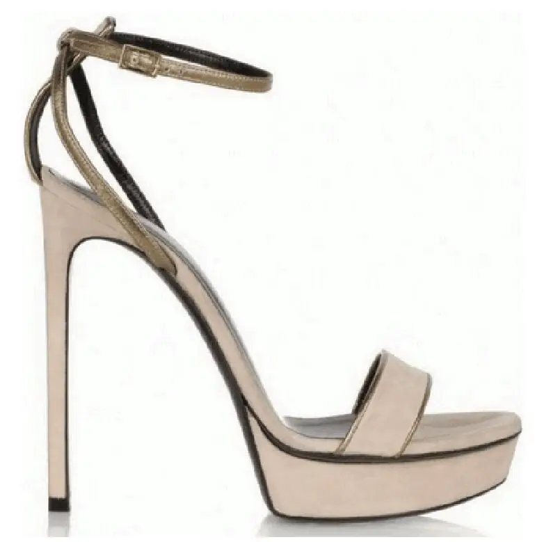 

Sexy Gold bordered Ankle Strap Peep Toe Sandals Woman Low platform Super high heel Mixed Color cross Straps Summer Shoes