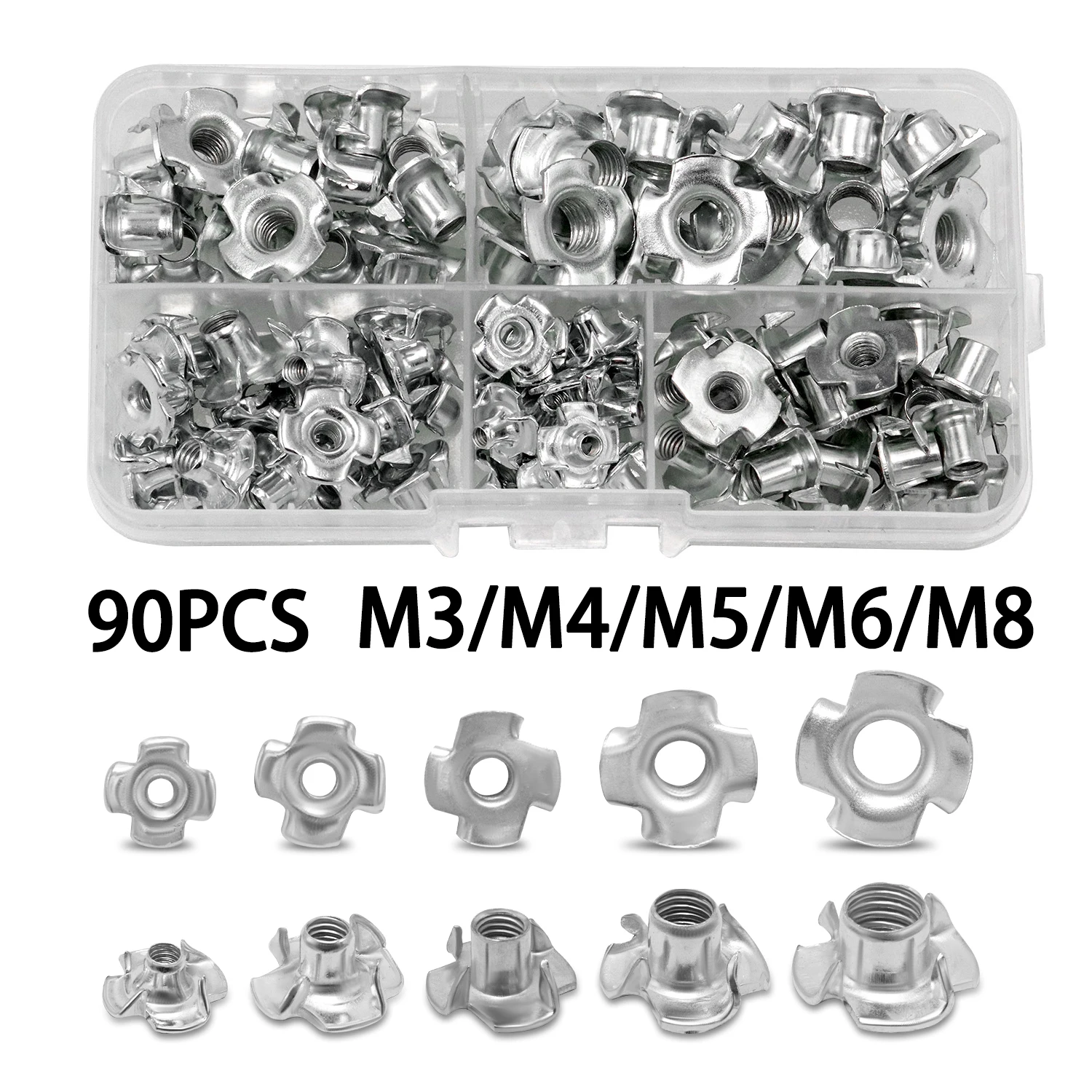 

90PCS M3 M4 M5 M6 M8 Four Pronged Claws Speaker Nut Blind Inserts Nut For Wood Furniture Rivet Nut Fasteners With Box