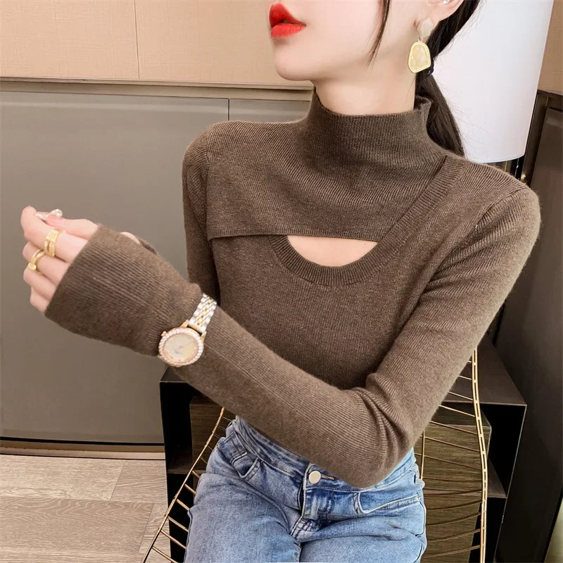 Модный облегающий вязаный пуловер с воротником-хомутом женский новый однотонный
