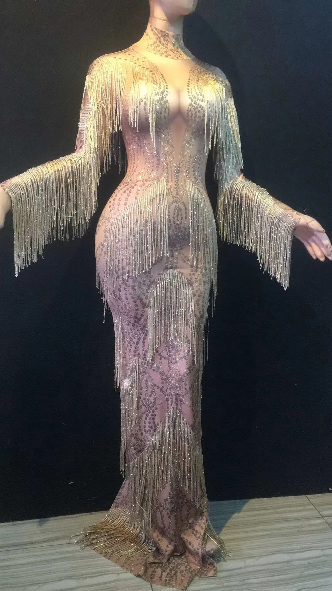 

Nude Shining Rhinestones Tassel Long Sleeve Sexy Dress For Women Evening Banquet Clothing Entertainer Stage Singer Costumes