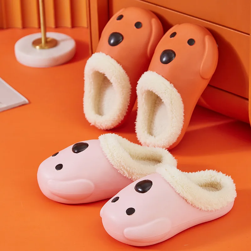 

New Women Slippers Winter Waterproof Warm Plush Slides Indoor Bedroom Non-Slip Cute Dog Cotton Shoes Chaussons Pour Femmes