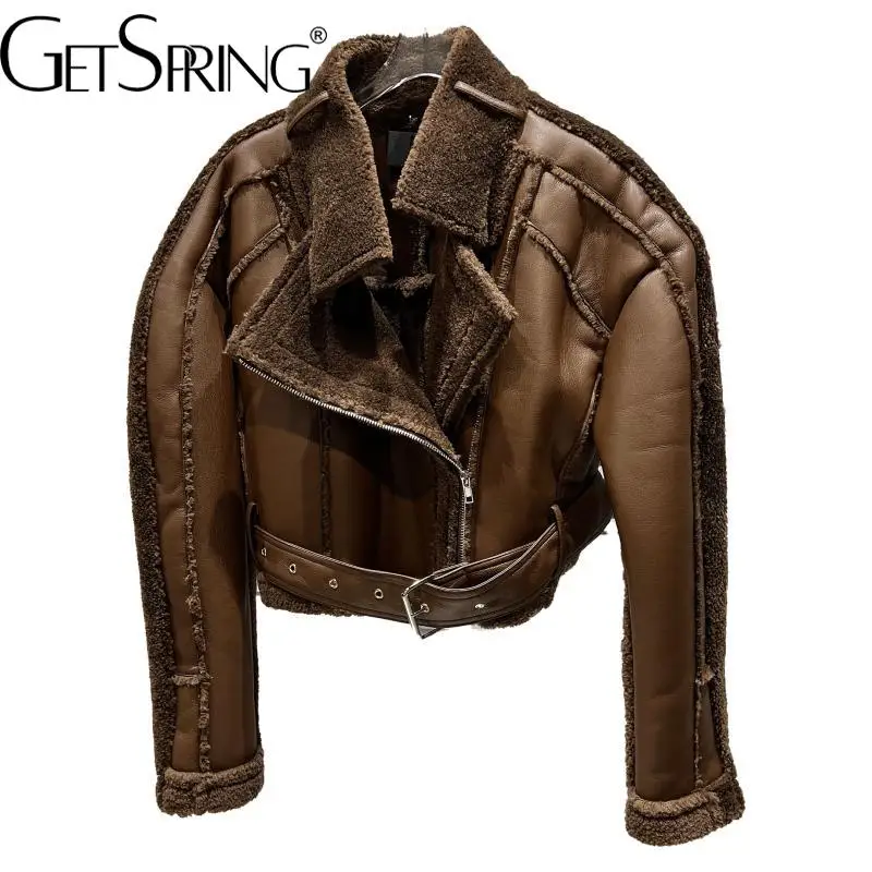 

Getspring женское кожаное пальто кофейный черный зимняя кожаная куртка женское винтажное модное короткое пальто из искусственной кожи для женщ...