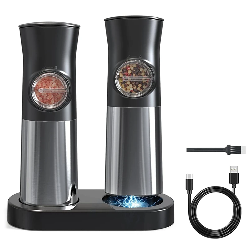 

1Set Electric Salt And Pepper Grinder Set DC5V Black&Silver Pepper Grinder With Dual Charging Base Mills Salt Grinder