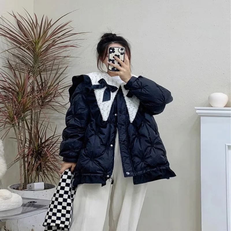 

Женский пуховик с бантом, свободный пуховик на белом утином пуху с большим кукольным воротником в западном стиле, новинка зимы 2023