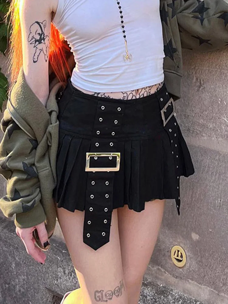 

Y2K готические черные плиссированные юбки, женская модная уличная одежда в стиле панк, модная юбка А-силуэта с высокой талией, летнее Сексуальное Женское Клубное платье