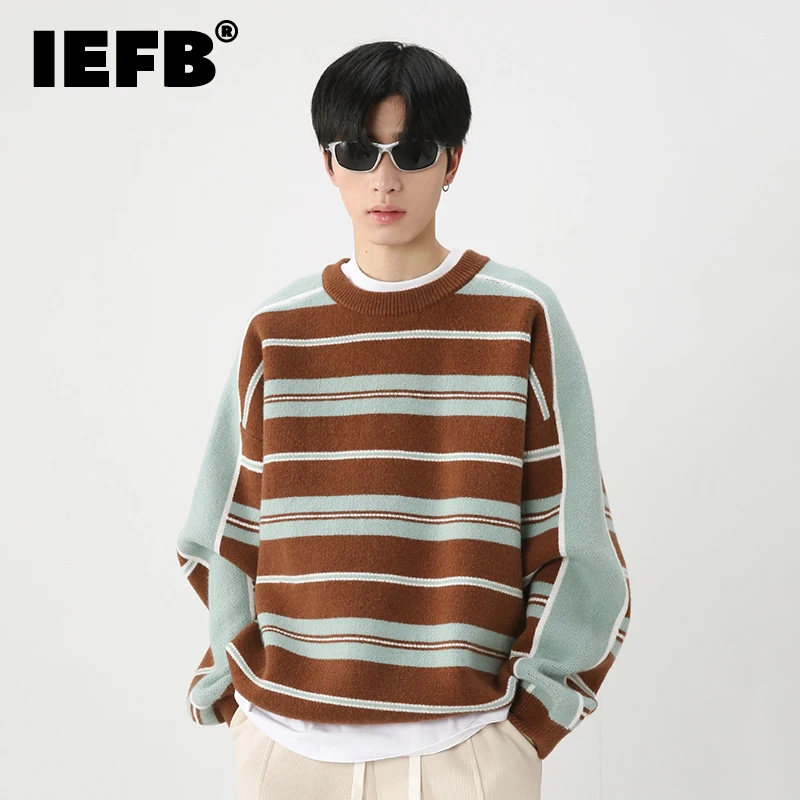 

Мужской пуловер IEFB 9A6707, Повседневный свитер в полоску контрастных цветов с круглым вырезом на осень и зиму, 2023