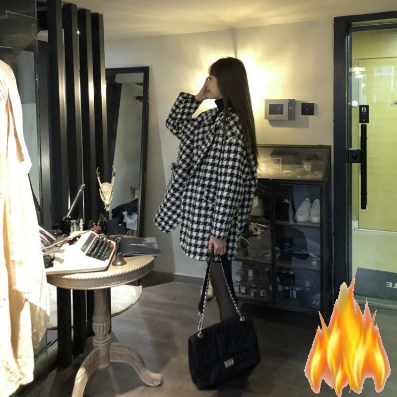 Black White Plaid Wool Winter Blazers Office Ladies Vintage Add Velvet Thicken Casual Loose Suit Coats Middle Long Warm Outwear