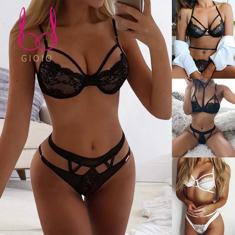 

Women Bra Panties Set Lace Strap Push Up Lingerie Brief Set Transparent Sexy Hollow Out Underwear Pajamas Three Point Bikini Set