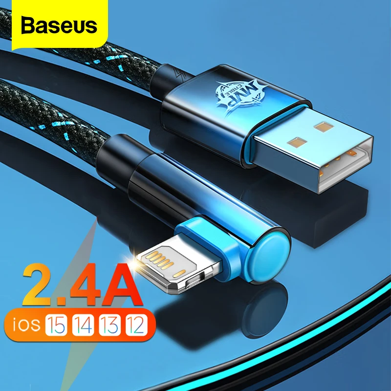 Baseus 90 Degree USB Cable For iPhone 13 12 11 Pro Xs Max X Xr 8 7 2.4A Fast Charging Charger Data Wire For iPad Charge Cord 2M