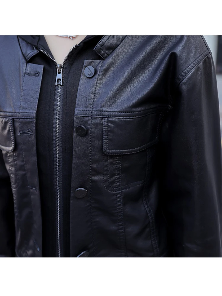 New Women Motorbiker Leather Jacket Casual Fashion Patchwork Hooded Long Sleeve Loose Short Split Leather Outerwear Female