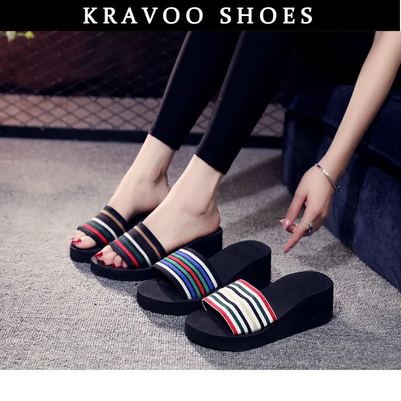 

KRAVOO Shoes for Women Platform Mesh Slippers Women Wedges Sandals Mixed Colors Striped Peep Toe Casual Slipper Beach Slides