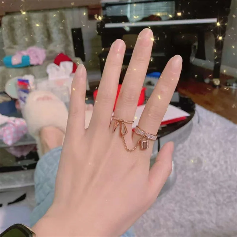 

925 Silver Diamond lock key pendant two-layer ring women's diamond plated 18K gold ring Party Gift