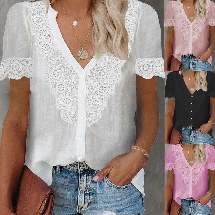 

Lace Blouses Women V Neck Sexy Tops 2022 Summer Women's Clothing Ladies Short Sleeve Shirt Fashion Slim FIt Top Blouse