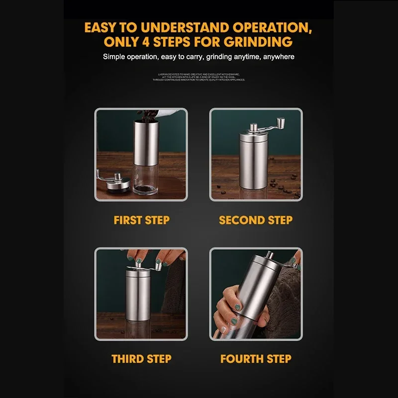 Портативная кофемолка для зерен дерева ручная ручной работы из нержавеющей