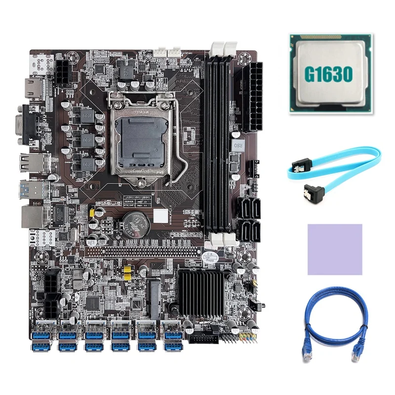 

B75 ETH Mining Motherboard 12 PCIE To USB LGA1155 Motherboard With G1630 CPU+SATA Cable+RJ45 Network Cable+Thermal Pad