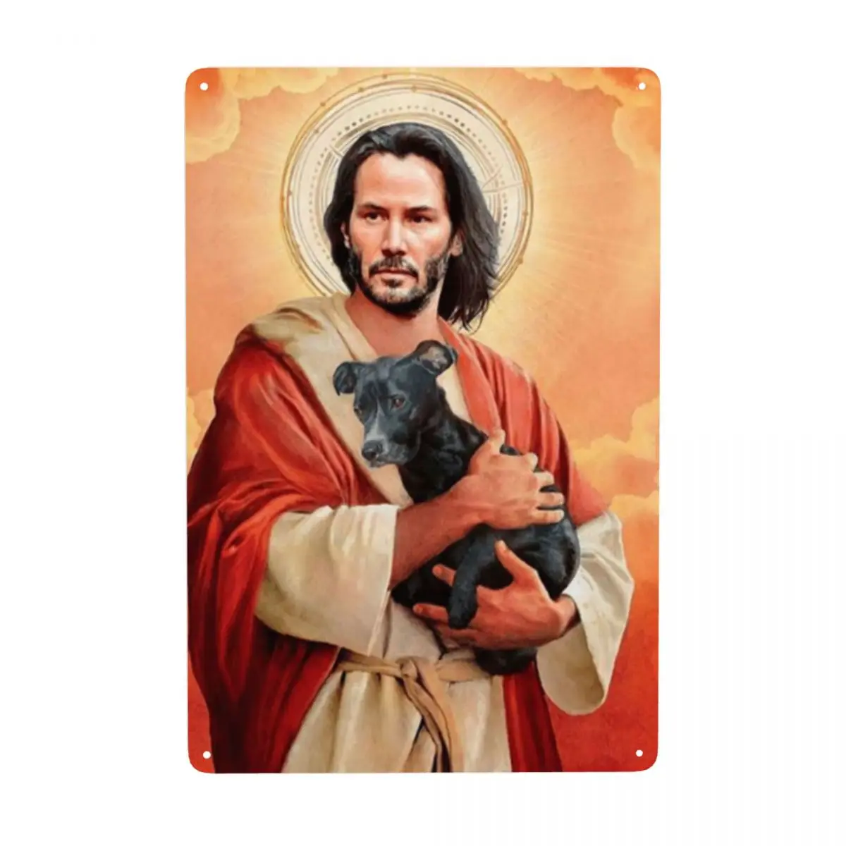 

Pet Dog Meme Jesus Keanu Reeves Metal Tin Signs Custom Vintage Plaque for Club Cafe Restaurant Man Cave Bar Wall Art Decor