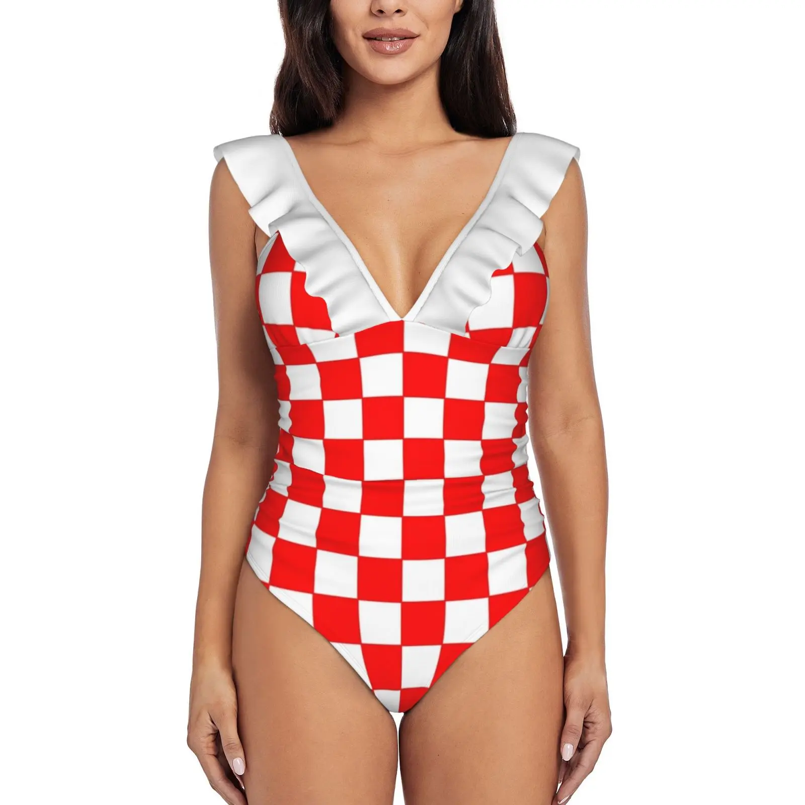

Красный и белый сексуальный цельный купальник в шашки, женский купальник с оборками, Женский монокини с принтом, женская пляжная одежда, шаш...