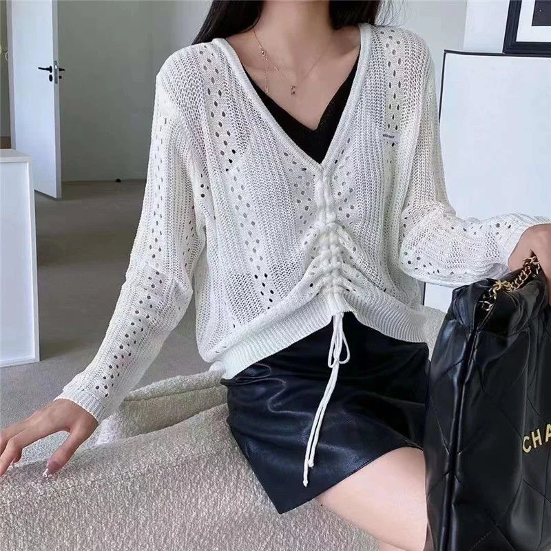 

Korean Style 2022 Autumn New Hollow Out SunscreenPullover Sweater Fashion Tops Thin Literary Lazy Style Double V Fake Two Pieces
