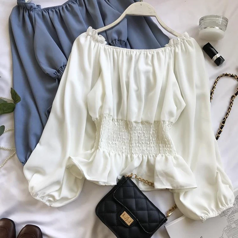 Off Shoulder Top White Shirt Ruffle Top Women Chiffon Blouse Tunics Puff Sleeve Clothing Female Elegant