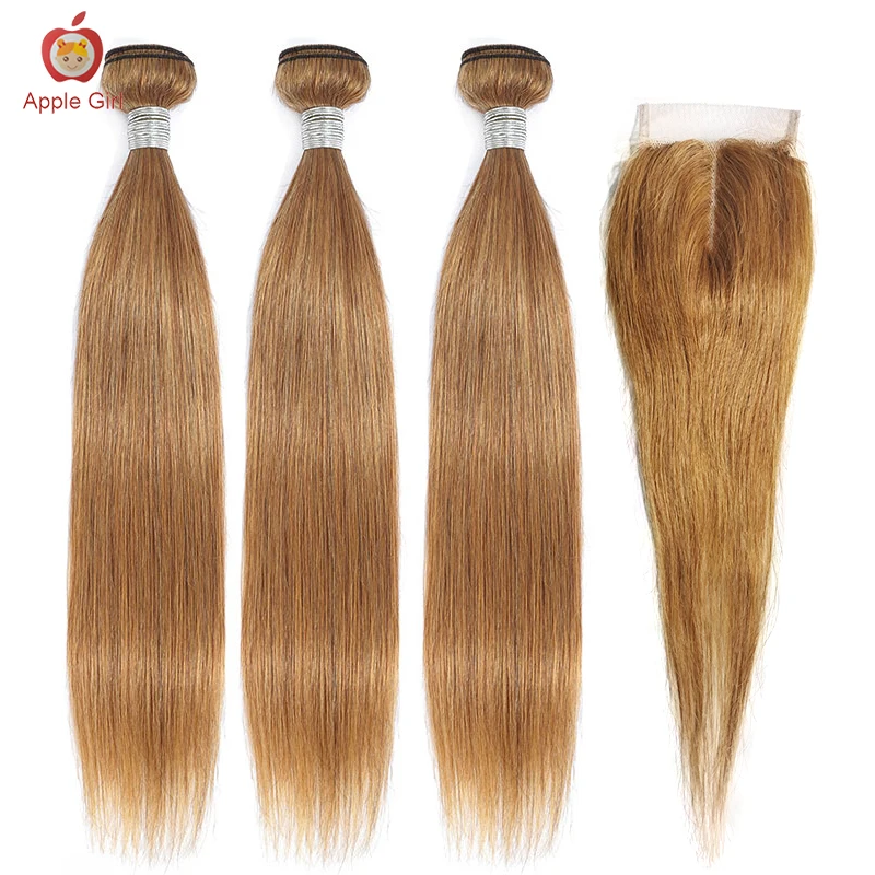 #27 Honey Blonde Human Hair Bundles With Closure Transparent Lace Closure With Bundles Applegirl  Brazilian Straight Hair